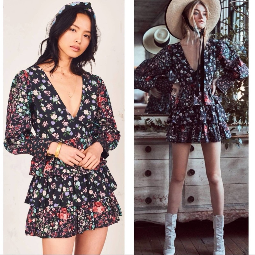 LoveShackFancy Black Floral Paris Ruffle Tiered Long Puff Sleeve Mini Dress Sz 4